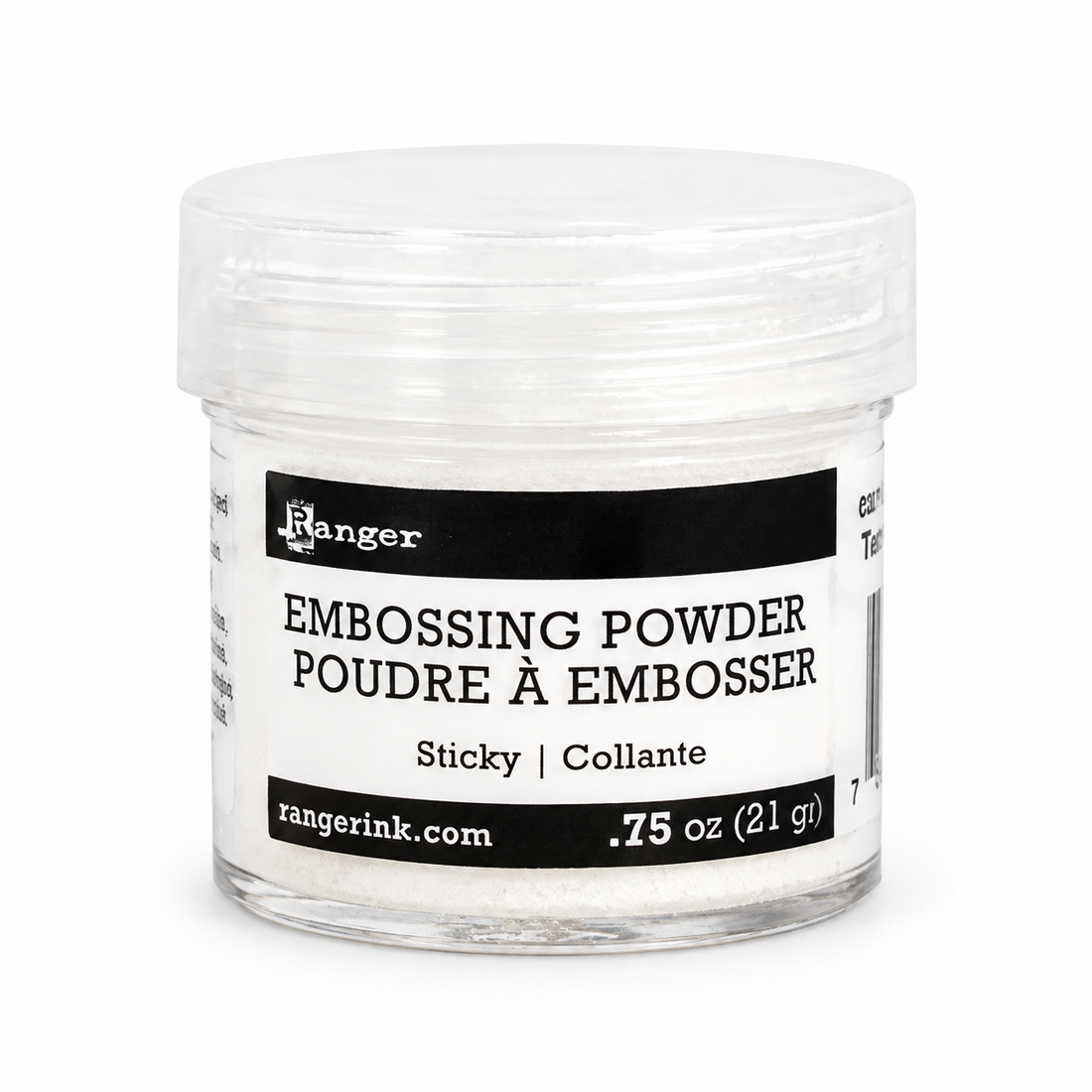 A small clear plastic jar of Ranger brand embossing powder with a white lid and a white label featuring black text, photographed on a clean white background.