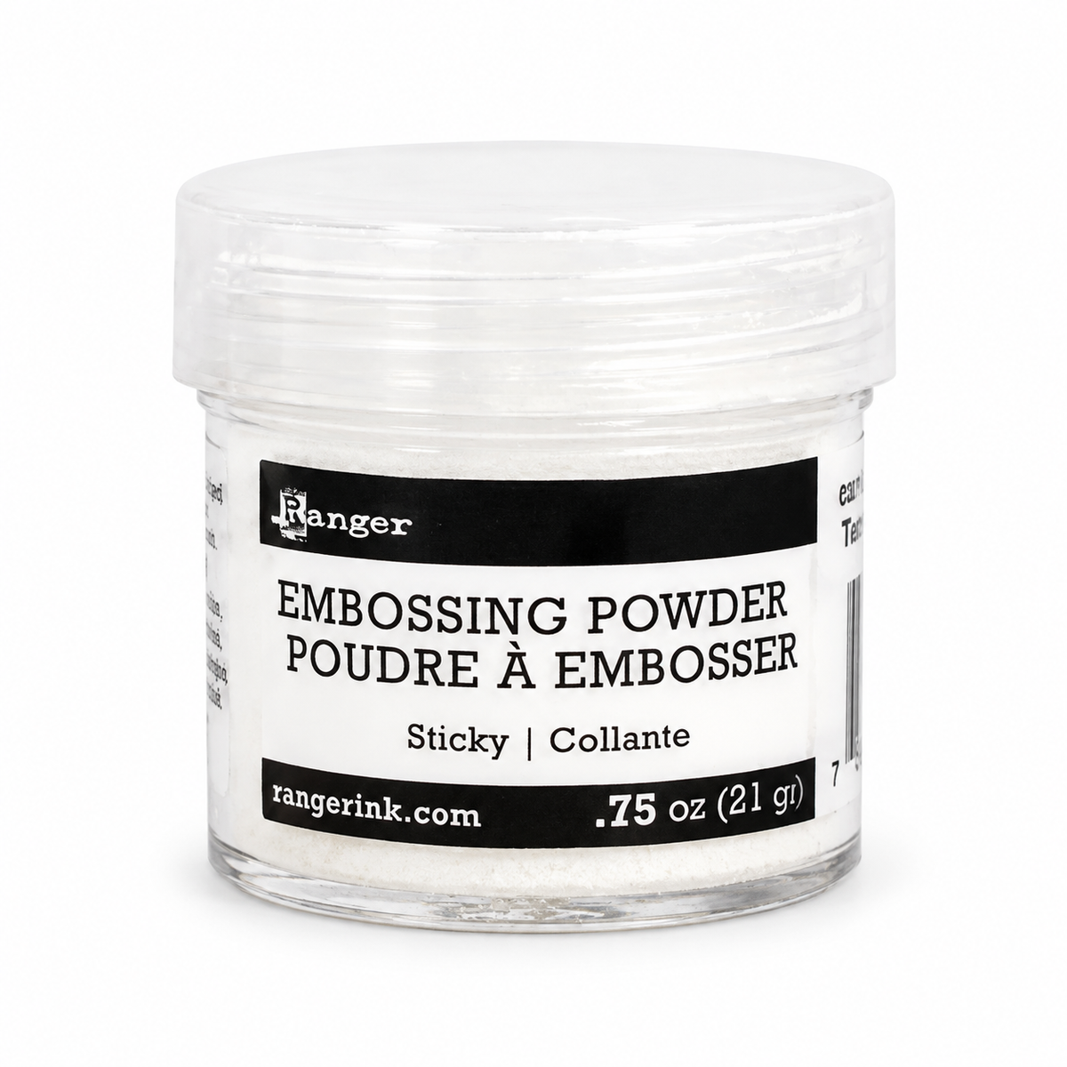 A small clear plastic jar of Ranger brand embossing powder with a white lid and a white label featuring black text, photographed on a clean white background.