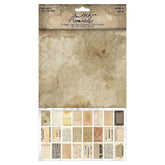 A package of scrapbooking paper featuring a large beige parchment-style sheet and a row of smaller sample sheets showing different vintage textures, fonts, and backgrounds. The header reads &