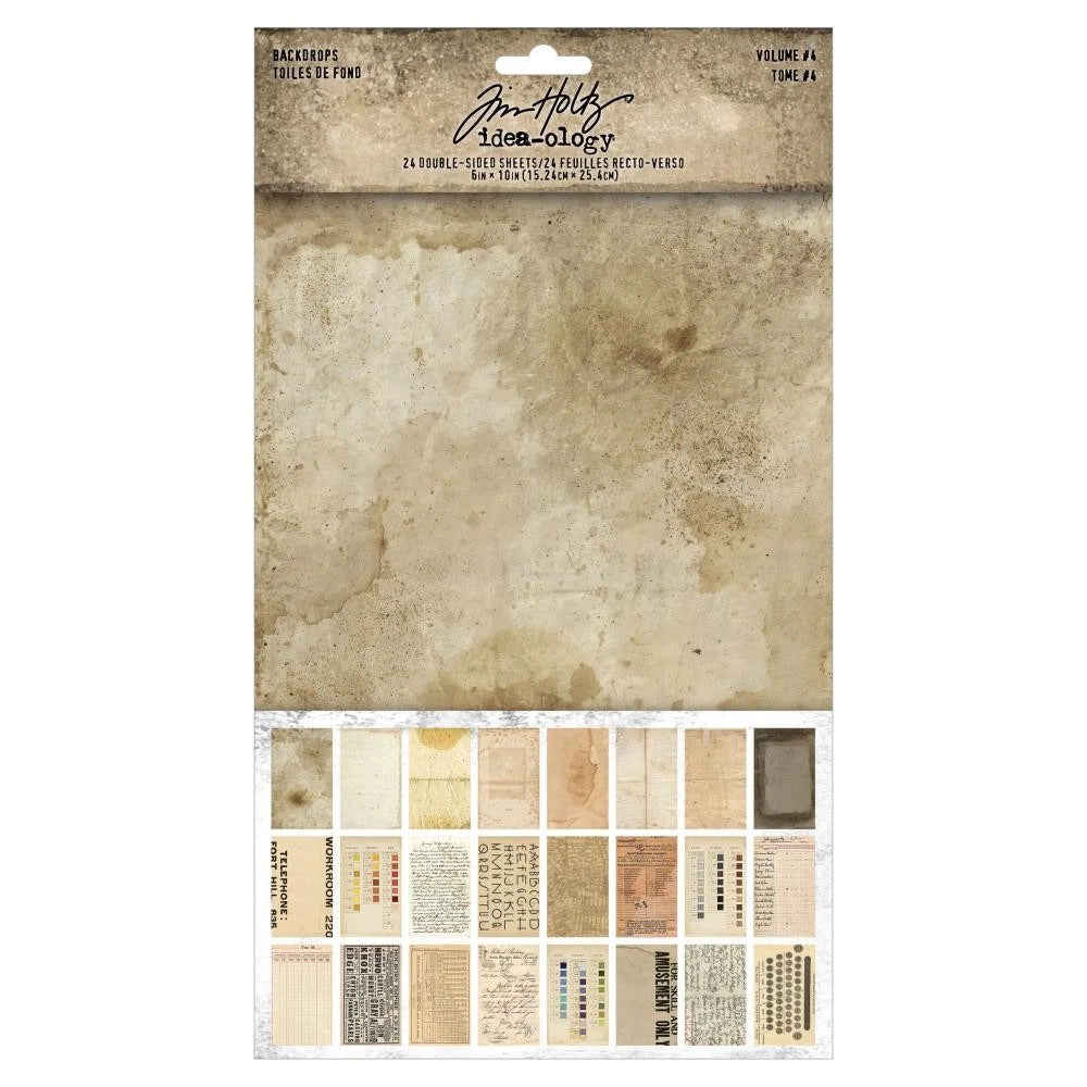 A package of scrapbooking paper featuring a large beige parchment-style sheet and a row of smaller sample sheets showing different vintage textures, fonts, and backgrounds. The header reads &