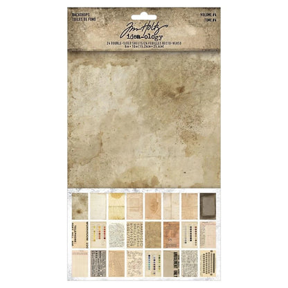 A package of scrapbooking paper featuring a large beige parchment-style sheet and a row of smaller sample sheets showing different vintage textures, fonts, and backgrounds. The header reads &