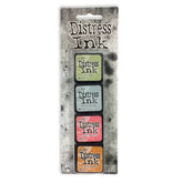 A 4-pack of Tim Holtz Distress Ink pads in assorted colors, packaged on a textured gray cardboard backing with a die-cut hanging slot.
