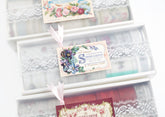 A close-up of a decorative box with translucent cover, white lace trim, and vintage-style floral labels attached to the front.