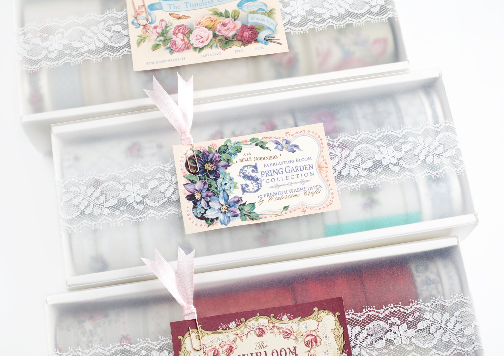 A close-up of a decorative box with translucent cover, white lace trim, and vintage-style floral labels attached to the front.